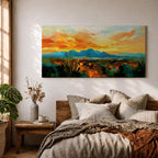 A panoramic desert landscape painting depicting a glowing sunset over layered mountain ranges and open terrain, with tall cacti silhouetted against a warm sky, rendered in textured brushstrokes that emphasize depth, horizon lines, and the expansive atmosphere of a southwest desert scene