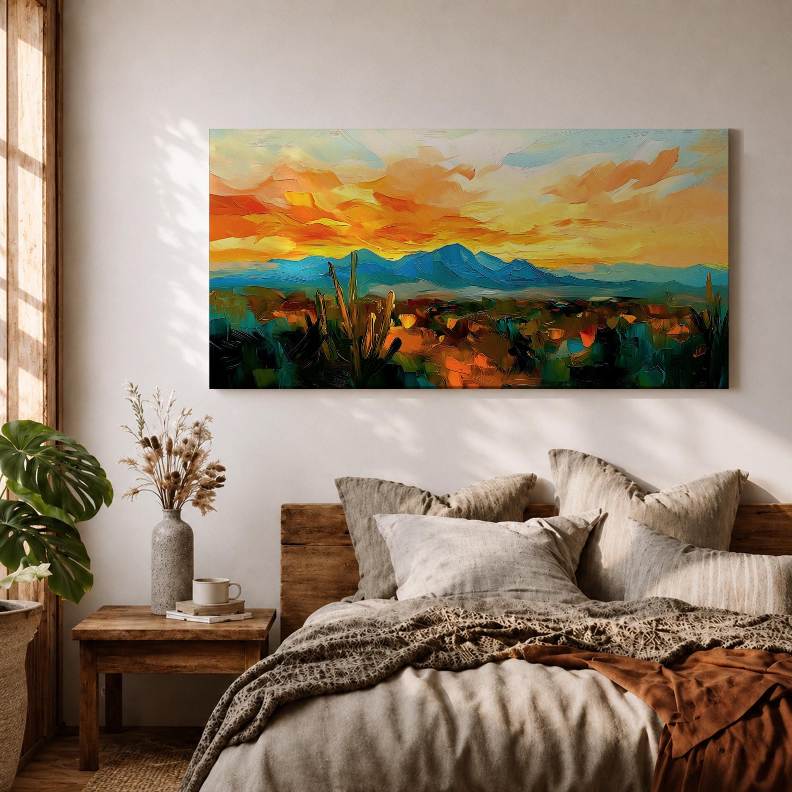 A panoramic desert landscape painting depicting a glowing sunset over layered mountain ranges and open terrain, with tall cacti silhouetted against a warm sky, rendered in textured brushstrokes that emphasize depth, horizon lines, and the expansive atmosphere of a southwest desert scene
