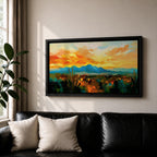 A panoramic desert landscape painting depicting a glowing sunset over layered mountain ranges and open terrain, with tall cacti silhouetted against a warm sky, rendered in textured brushstrokes that emphasize depth, horizon lines, and the expansive atmosphere of a southwest desert scene