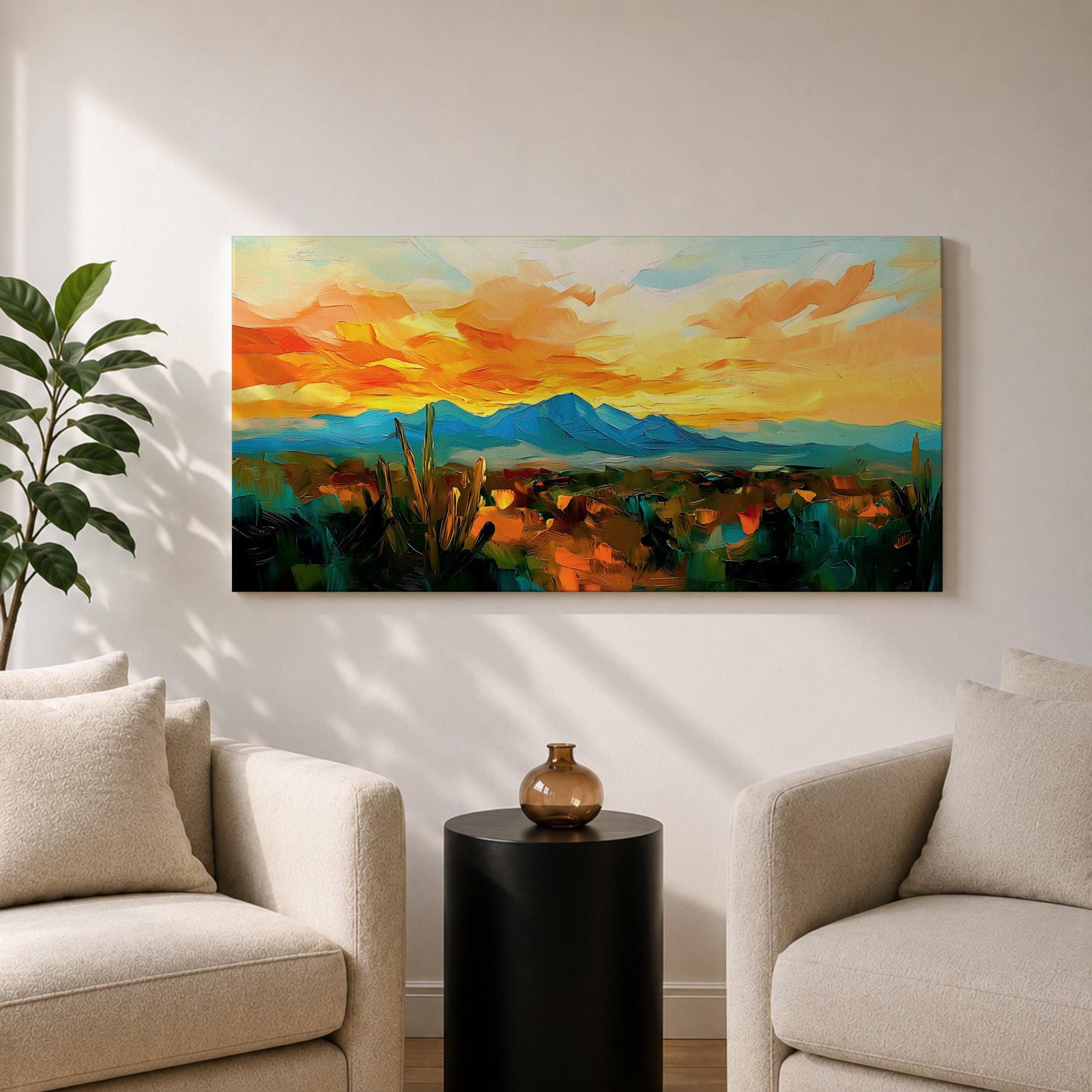 A panoramic desert landscape painting depicting a glowing sunset over layered mountain ranges and open terrain, with tall cacti silhouetted against a warm sky, rendered in textured brushstrokes that emphasize depth, horizon lines, and the expansive atmosphere of a southwest desert scene