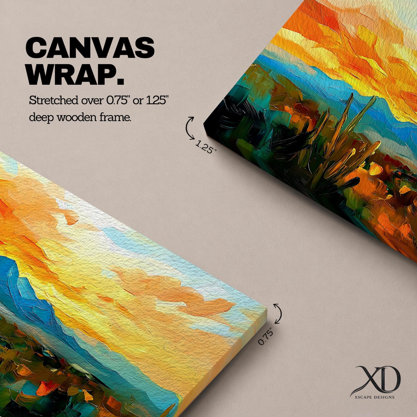 A panoramic desert landscape painting depicting a glowing sunset over layered mountain ranges and open terrain, with tall cacti silhouetted against a warm sky, rendered in textured brushstrokes that emphasize depth, horizon lines, and the expansive atmosphere of a southwest desert scene