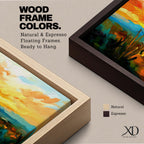 A panoramic desert landscape painting depicting a glowing sunset over layered mountain ranges and open terrain, with tall cacti silhouetted against a warm sky, rendered in textured brushstrokes that emphasize depth, horizon lines, and the expansive atmosphere of a southwest desert scene