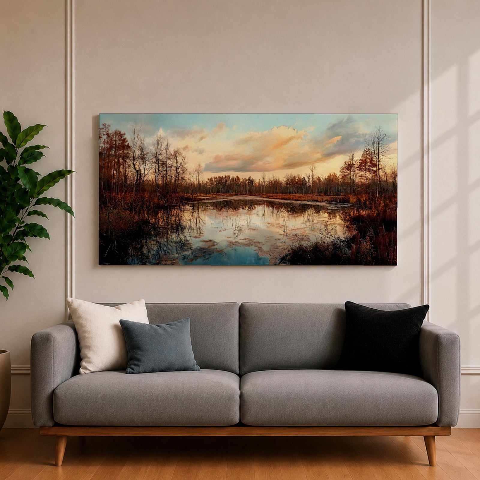 A panoramic painting of a calm lake reflecting autumn trees and a soft sunset sky, with warm earthy tones and bare branches lining the water, rendered in a realistic impressionistic style across a wide landscape composition.