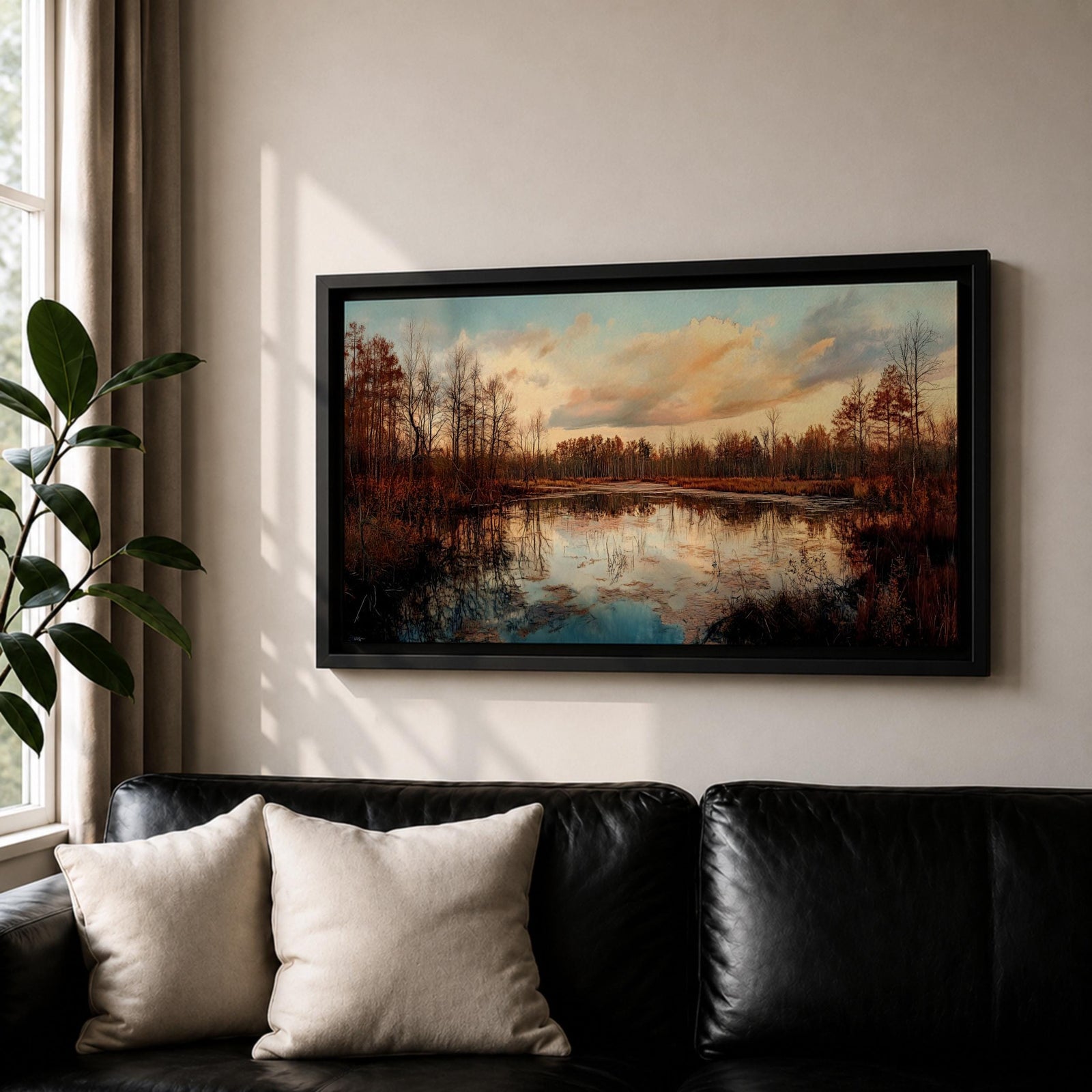 A panoramic painting of a calm lake reflecting autumn trees and a soft sunset sky, with warm earthy tones and bare branches lining the water, rendered in a realistic impressionistic style across a wide landscape composition.