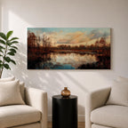 A panoramic painting of a calm lake reflecting autumn trees and a soft sunset sky, with warm earthy tones and bare branches lining the water, rendered in a realistic impressionistic style across a wide landscape composition.