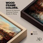 A panoramic painting of a calm lake reflecting autumn trees and a soft sunset sky, with warm earthy tones and bare branches lining the water, rendered in a realistic impressionistic style across a wide landscape composition.