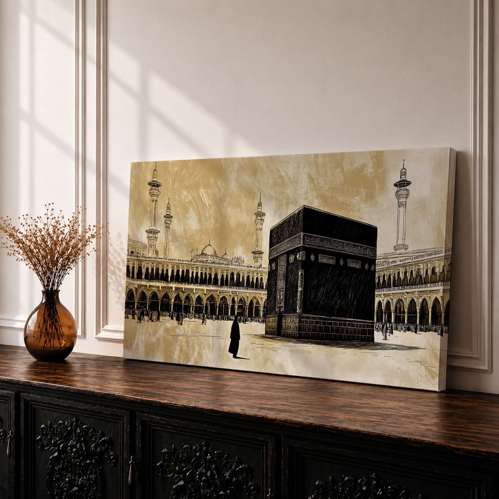A panoramic artwork of the Kaaba in Mecca surrounded by Masjid Al Haram with arches and minarets, rendered in a vintage monochrome style with warm sepia tones and detailed architectural elements across a wide composition.