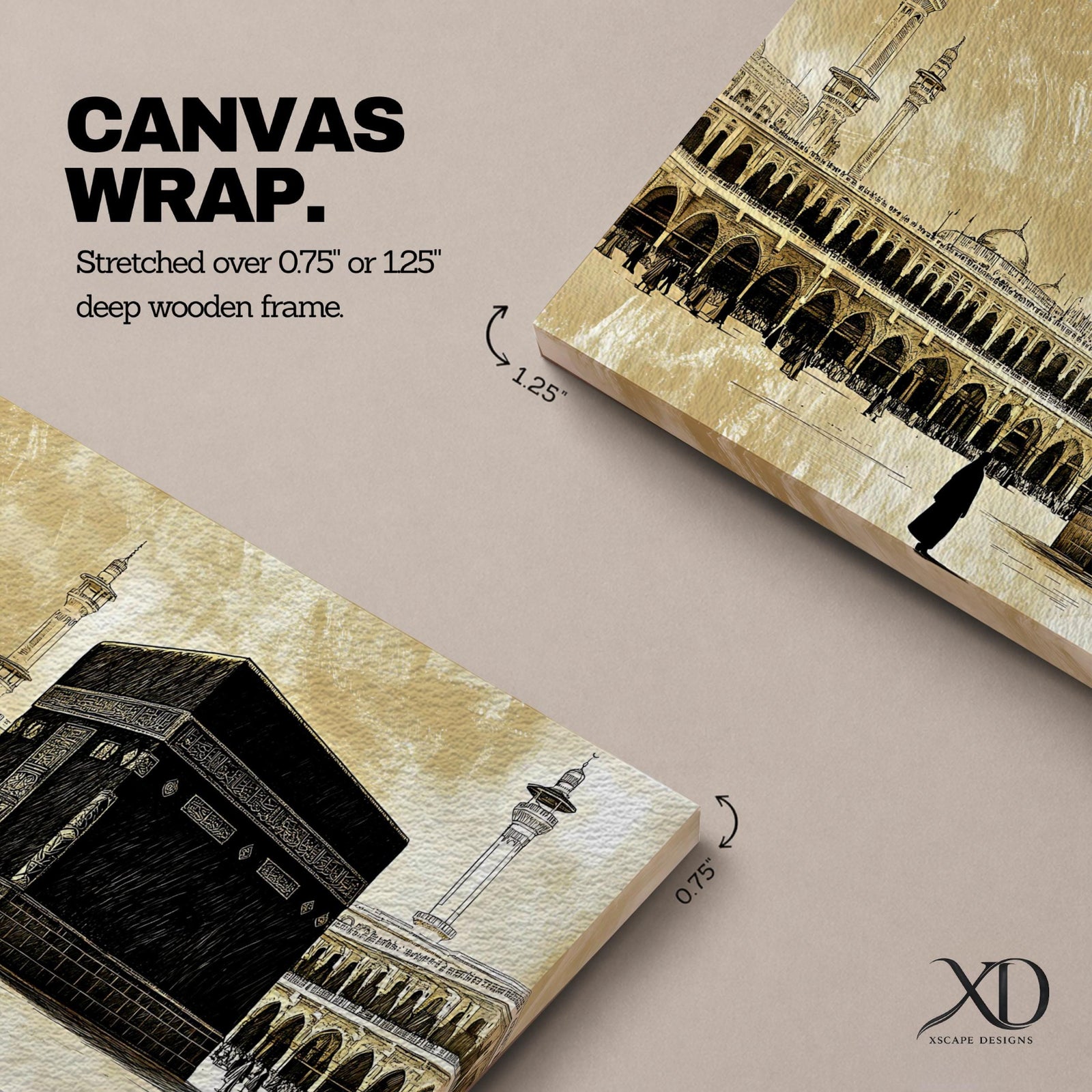 A panoramic artwork of the Kaaba in Mecca surrounded by Masjid Al Haram with arches and minarets, rendered in a vintage monochrome style with warm sepia tones and detailed architectural elements across a wide composition.