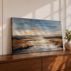 A panoramic abstract marsh landscape featuring layered grasses and reflective water channels, rendered with textured brushstrokes and blended earthy tones that create depth and movement, capturing the quiet flow of a wetland environment across a wide horizontal composition with soft atmospheric transitions.