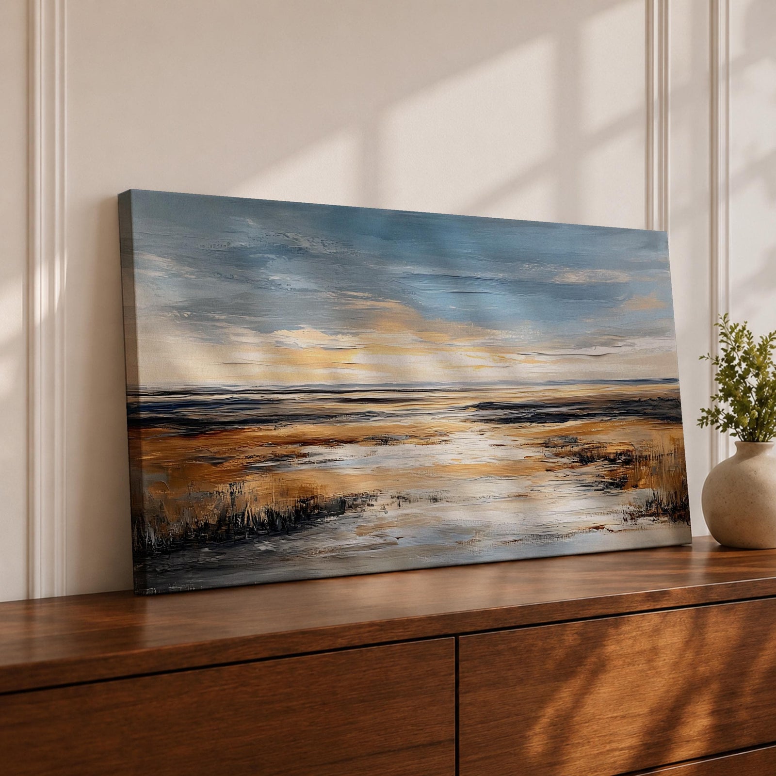 A panoramic abstract marsh landscape featuring layered grasses and reflective water channels, rendered with textured brushstrokes and blended earthy tones that create depth and movement, capturing the quiet flow of a wetland environment across a wide horizontal composition with soft atmospheric transitions.