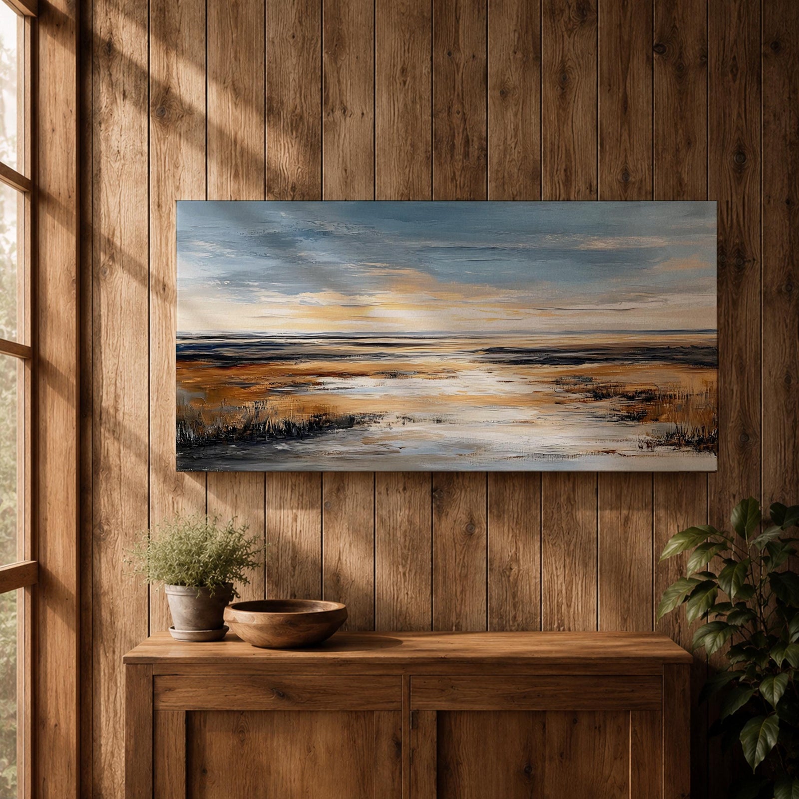 A panoramic abstract marsh landscape featuring layered grasses and reflective water channels, rendered with textured brushstrokes and blended earthy tones that create depth and movement, capturing the quiet flow of a wetland environment across a wide horizontal composition with soft atmospheric transitions.