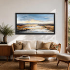 A panoramic abstract marsh landscape featuring layered grasses and reflective water channels, rendered with textured brushstrokes and blended earthy tones that create depth and movement, capturing the quiet flow of a wetland environment across a wide horizontal composition with soft atmospheric transitions.