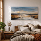 A panoramic abstract marsh landscape featuring layered grasses and reflective water channels, rendered with textured brushstrokes and blended earthy tones that create depth and movement, capturing the quiet flow of a wetland environment across a wide horizontal composition with soft atmospheric transitions.