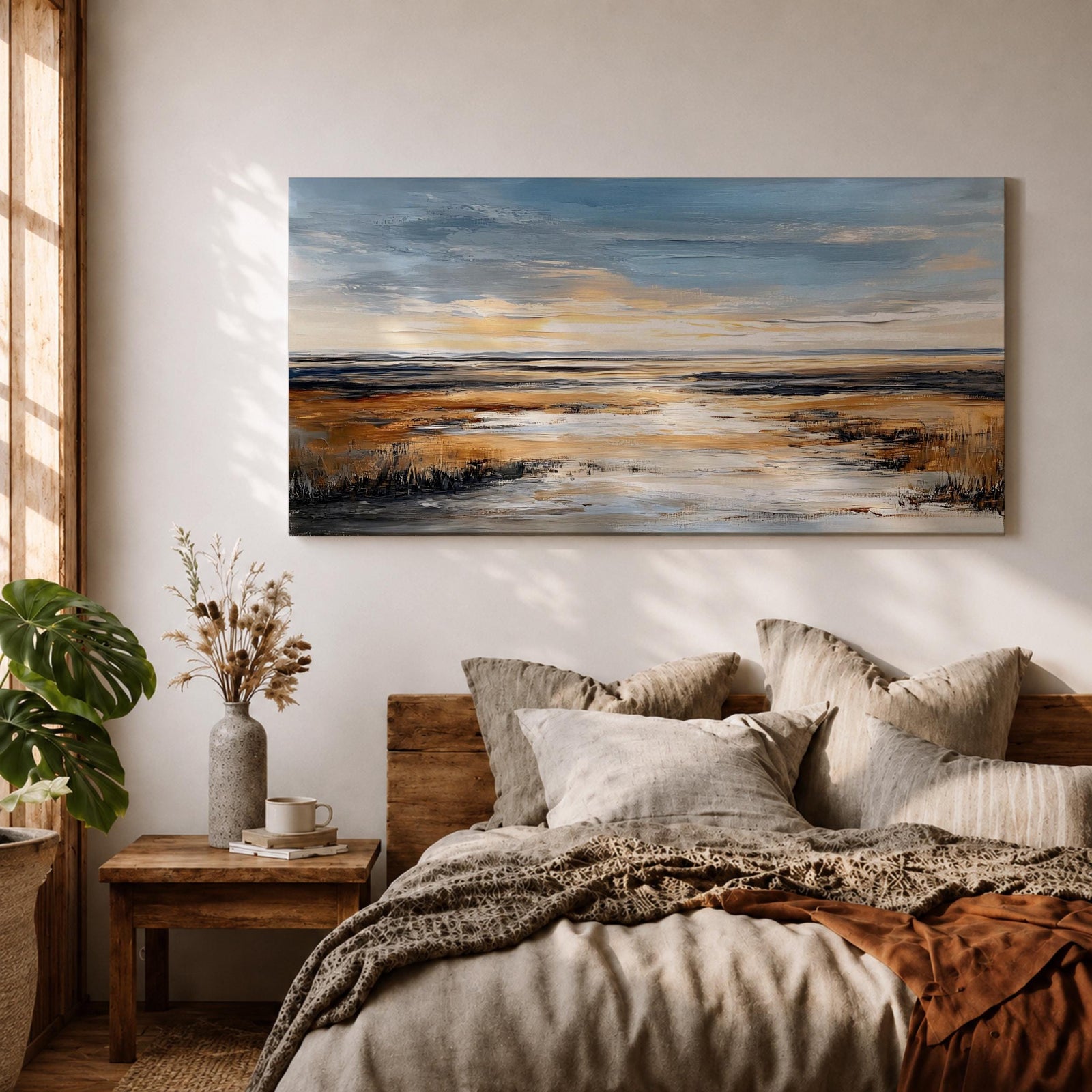 A panoramic abstract marsh landscape featuring layered grasses and reflective water channels, rendered with textured brushstrokes and blended earthy tones that create depth and movement, capturing the quiet flow of a wetland environment across a wide horizontal composition with soft atmospheric transitions.