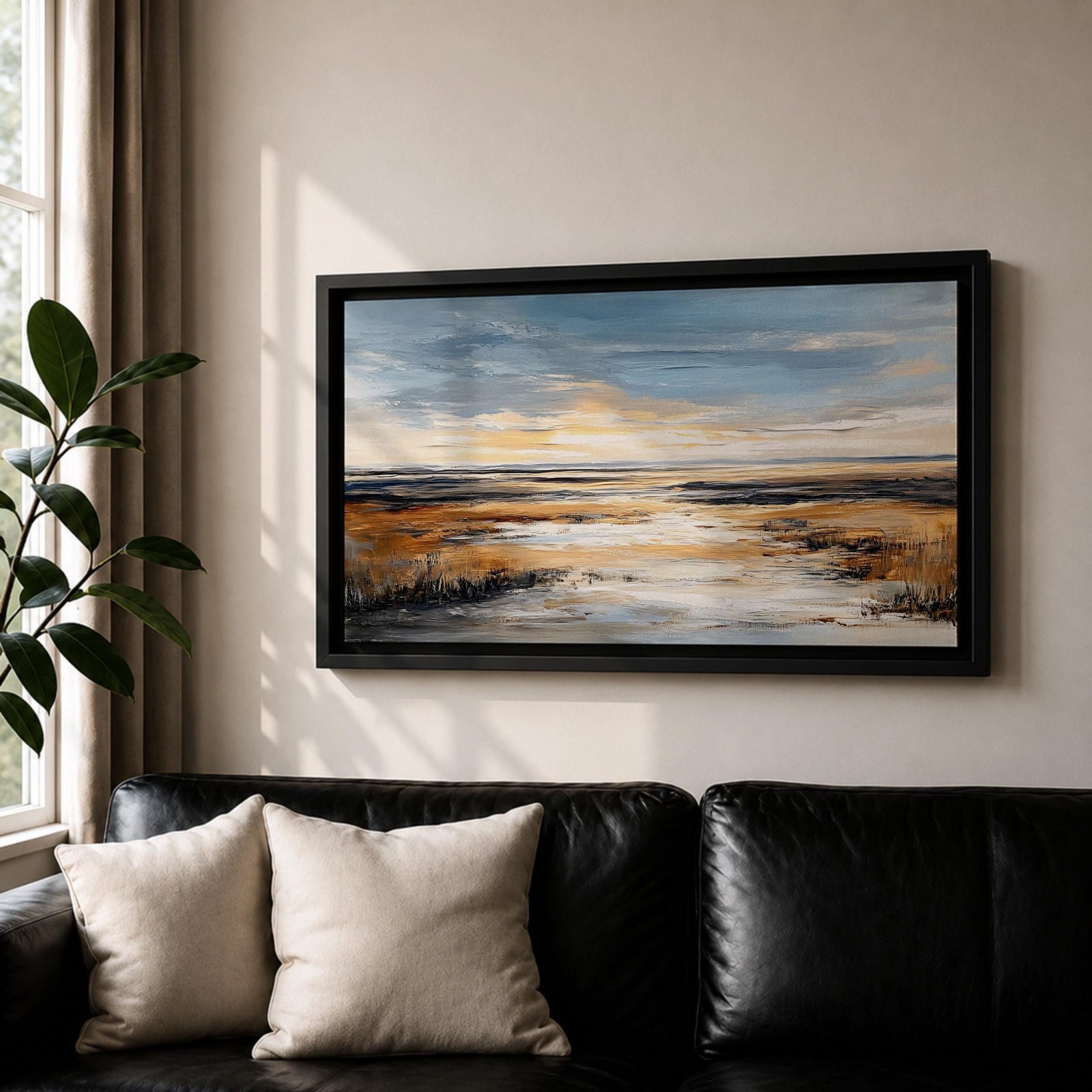 A panoramic abstract marsh landscape featuring layered grasses and reflective water channels, rendered with textured brushstrokes and blended earthy tones that create depth and movement, capturing the quiet flow of a wetland environment across a wide horizontal composition with soft atmospheric transitions.