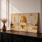 A panoramic painting of the Dome of the Rock featuring its iconic gold dome and detailed architectural arches, rendered in a textured minimalist style with soft neutral tones and gold accents, creating a balanced composition that highlights the structure’s symmetry across an extra wide format.