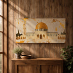 A panoramic painting of the Dome of the Rock featuring its iconic gold dome and detailed architectural arches, rendered in a textured minimalist style with soft neutral tones and gold accents, creating a balanced composition that highlights the structure’s symmetry across an extra wide format.