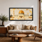 A panoramic painting of the Dome of the Rock featuring its iconic gold dome and detailed architectural arches, rendered in a textured minimalist style with soft neutral tones and gold accents, creating a balanced composition that highlights the structure’s symmetry across an extra wide format.