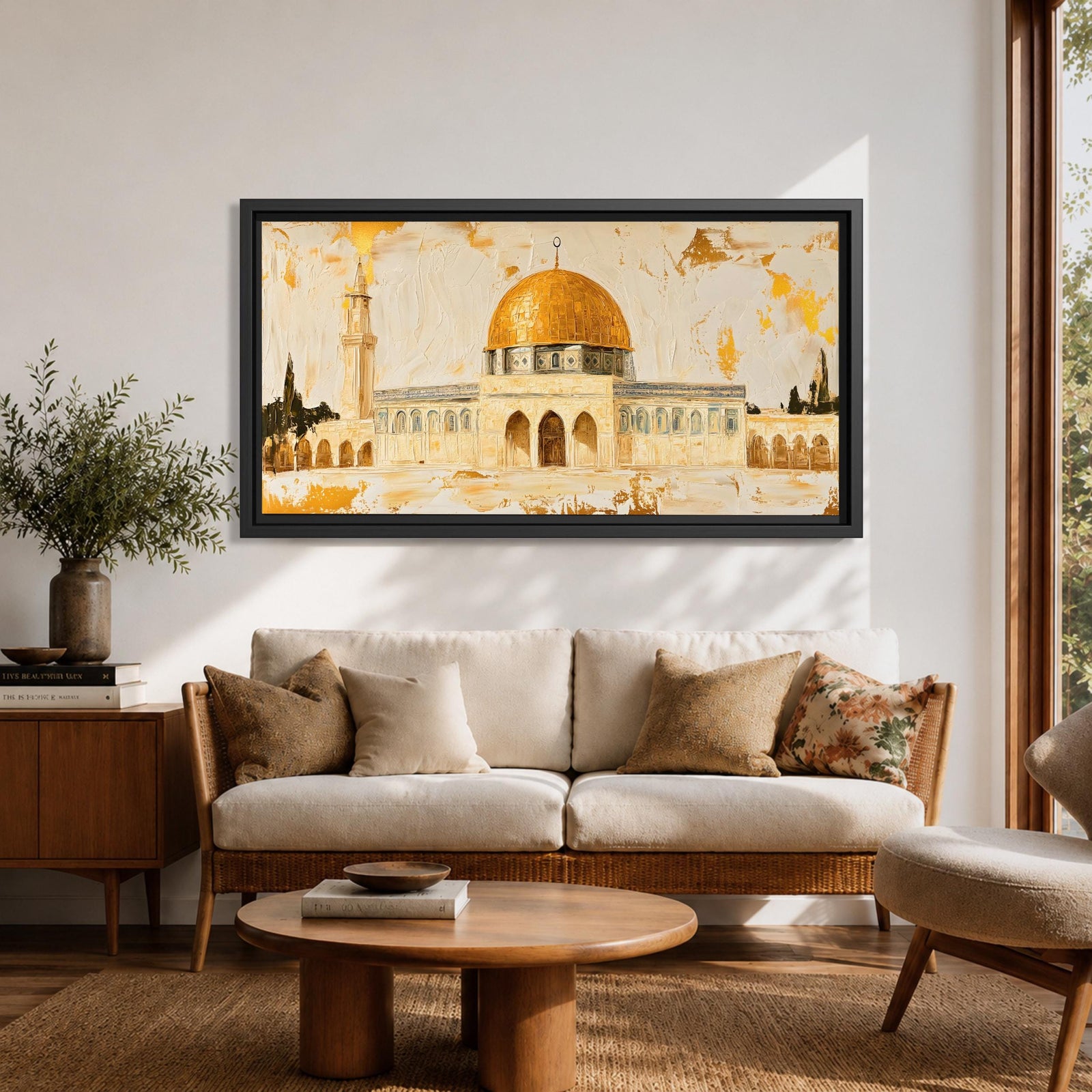 A panoramic painting of the Dome of the Rock featuring its iconic gold dome and detailed architectural arches, rendered in a textured minimalist style with soft neutral tones and gold accents, creating a balanced composition that highlights the structure’s symmetry across an extra wide format.