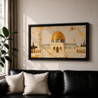 A panoramic painting of the Dome of the Rock featuring its iconic gold dome and detailed architectural arches, rendered in a textured minimalist style with soft neutral tones and gold accents, creating a balanced composition that highlights the structure’s symmetry across an extra wide format.