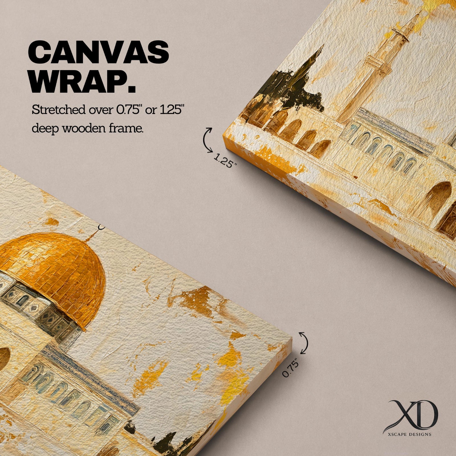 A panoramic painting of the Dome of the Rock featuring its iconic gold dome and detailed architectural arches, rendered in a textured minimalist style with soft neutral tones and gold accents, creating a balanced composition that highlights the structure’s symmetry across an extra wide format.