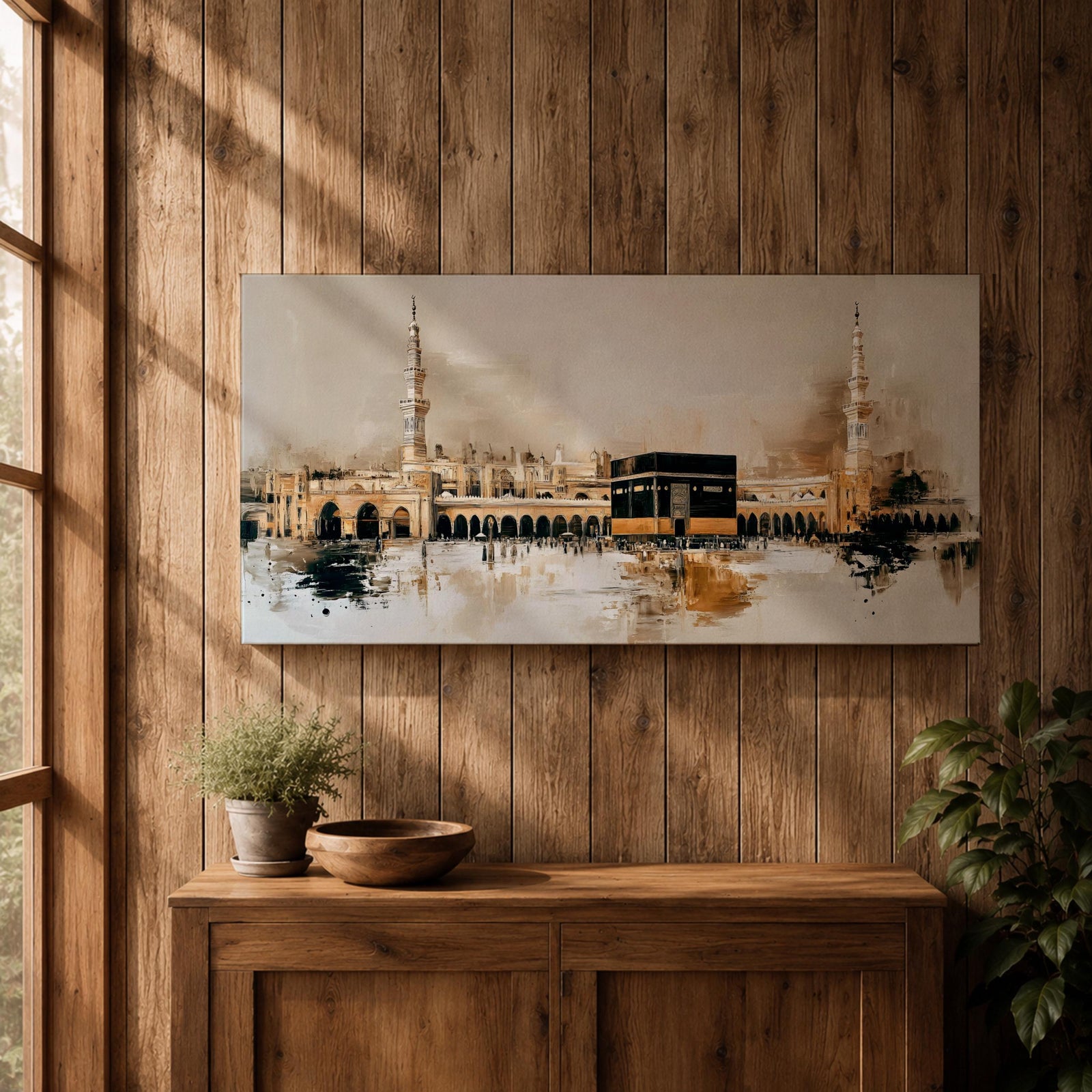 A panoramic painting of the Kaaba at Masjid Al Haram in Mecca, depicted within a sacred mosque setting with surrounding architectural forms and a soft abstract atmosphere, rendered in layered brushstrokes that emphasize depth, light, and spiritual presence across a wide composition
