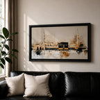 A panoramic painting of the Kaaba at Masjid Al Haram in Mecca, depicted within a sacred mosque setting with surrounding architectural forms and a soft abstract atmosphere, rendered in layered brushstrokes that emphasize depth, light, and spiritual presence across a wide composition