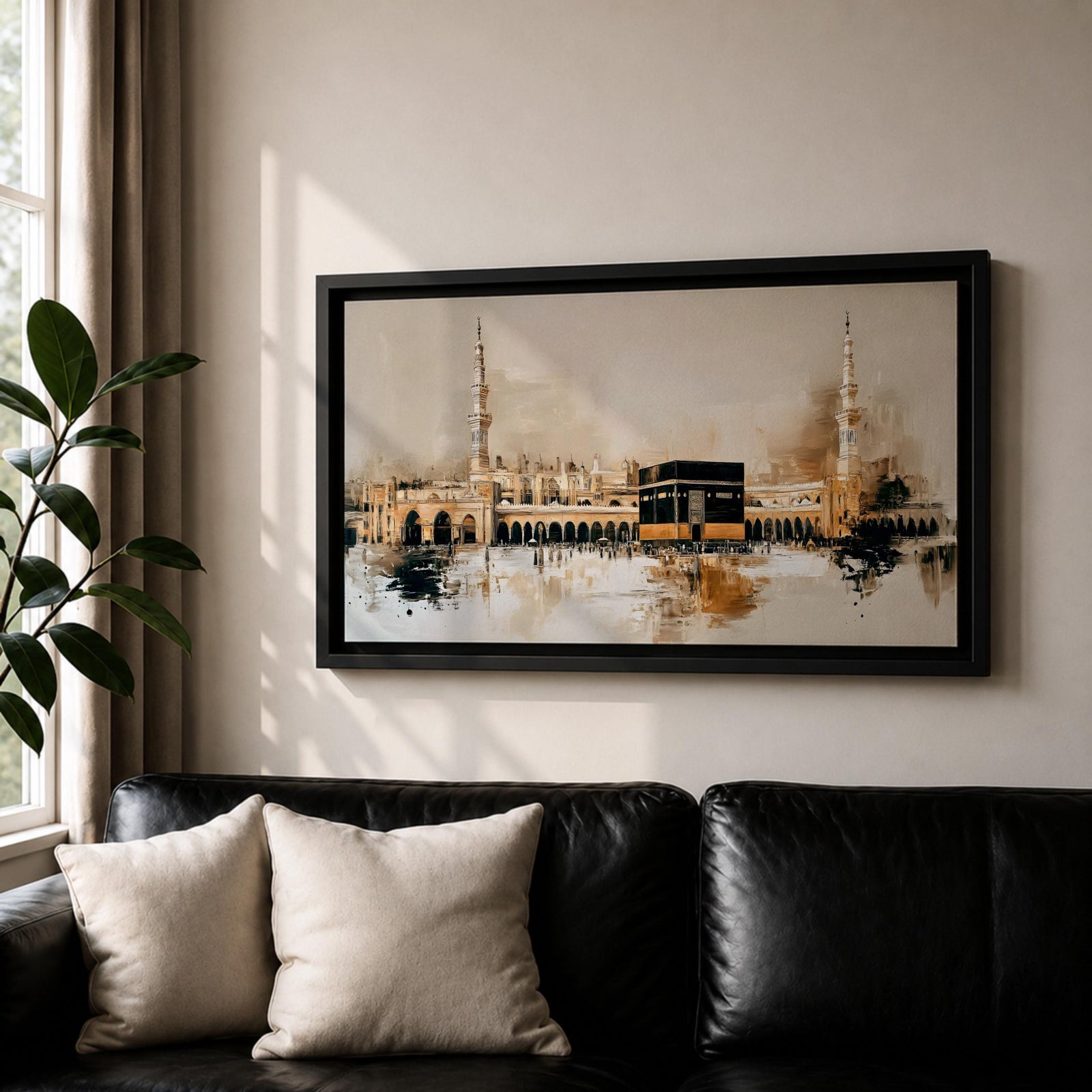 A panoramic painting of the Kaaba at Masjid Al Haram in Mecca, depicted within a sacred mosque setting with surrounding architectural forms and a soft abstract atmosphere, rendered in layered brushstrokes that emphasize depth, light, and spiritual presence across a wide composition
