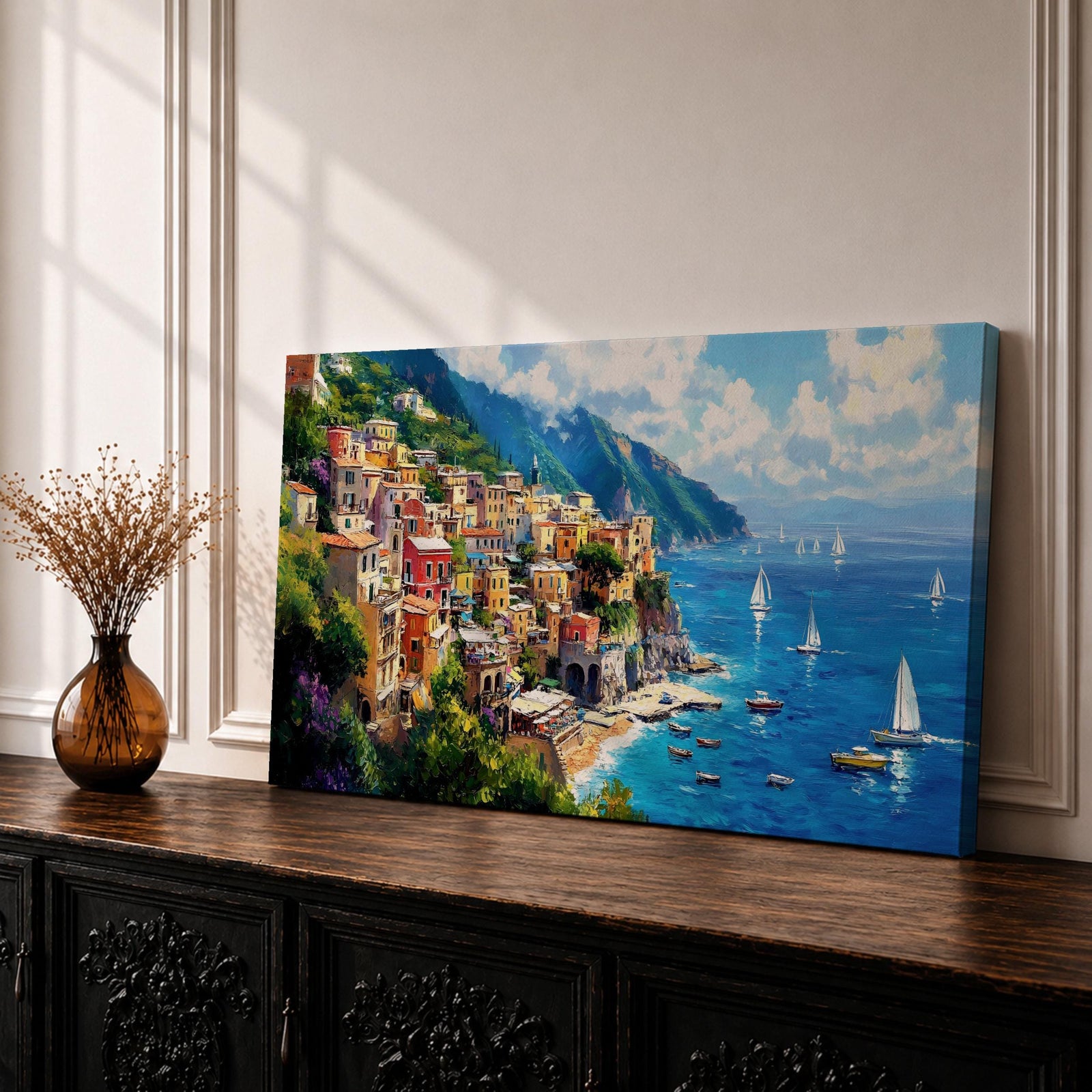 A panoramic painting of a colorful Italian coastal village perched on cliffs above a bright blue sea, with sailboats scattered across the water, rendered in a vibrant impressionistic style with rich textures and sunlit Mediterranean tones.