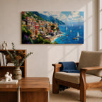 A panoramic painting of a colorful Italian coastal village perched on cliffs above a bright blue sea, with sailboats scattered across the water, rendered in a vibrant impressionistic style with rich textures and sunlit Mediterranean tones.