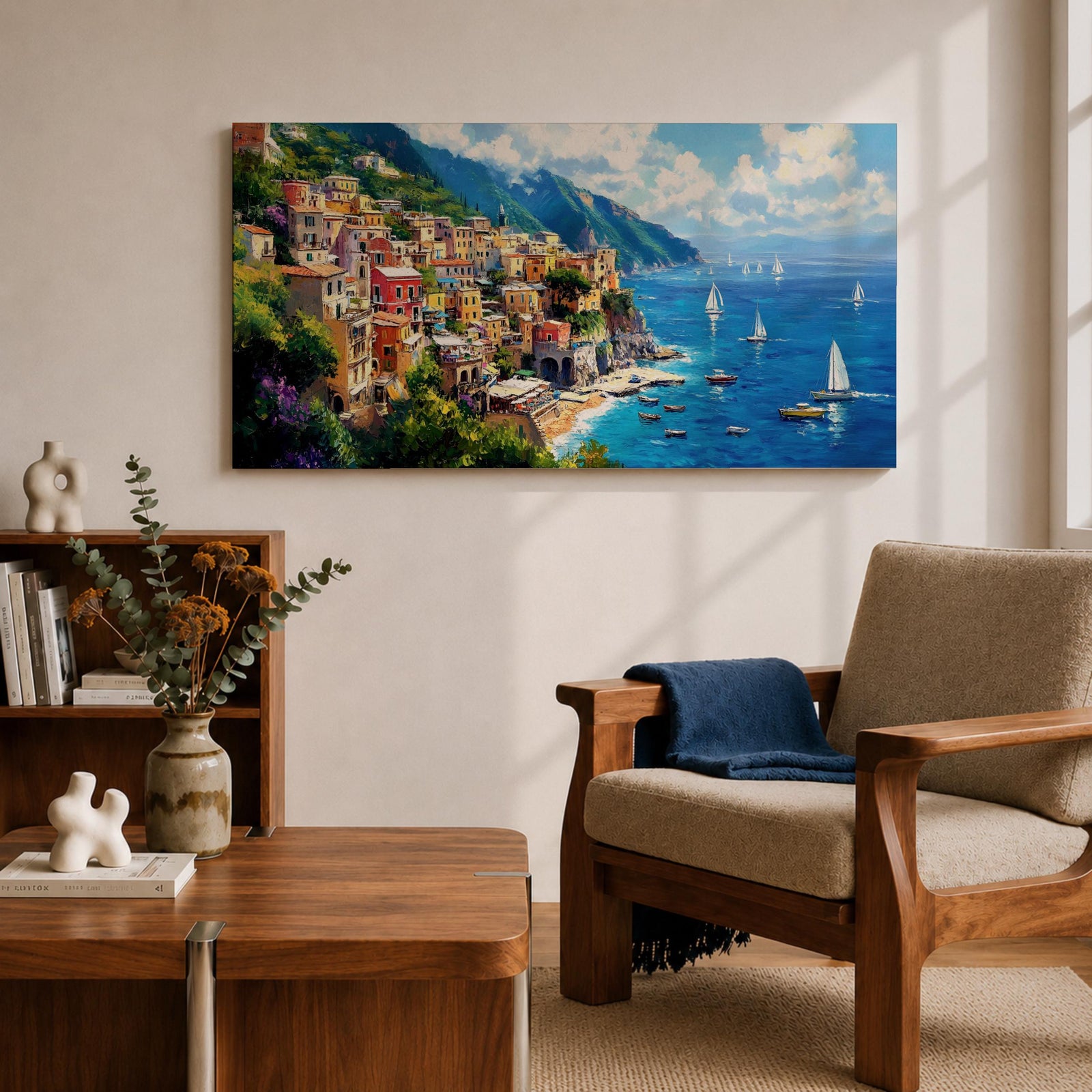A panoramic painting of a colorful Italian coastal village perched on cliffs above a bright blue sea, with sailboats scattered across the water, rendered in a vibrant impressionistic style with rich textures and sunlit Mediterranean tones.