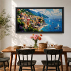 A panoramic painting of a colorful Italian coastal village perched on cliffs above a bright blue sea, with sailboats scattered across the water, rendered in a vibrant impressionistic style with rich textures and sunlit Mediterranean tones.