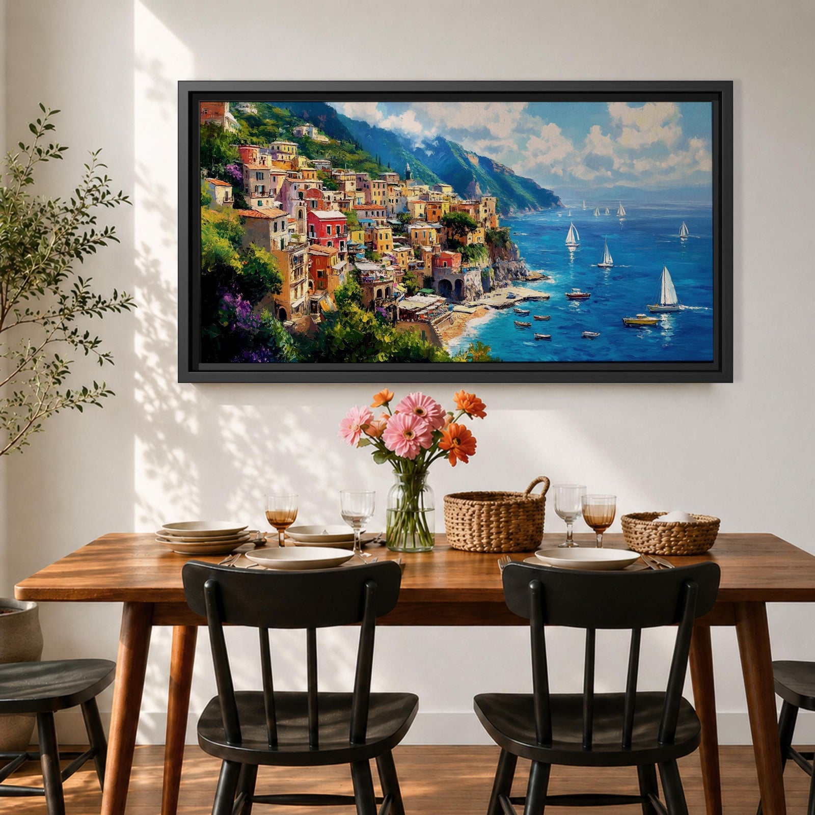 A panoramic painting of a colorful Italian coastal village perched on cliffs above a bright blue sea, with sailboats scattered across the water, rendered in a vibrant impressionistic style with rich textures and sunlit Mediterranean tones.