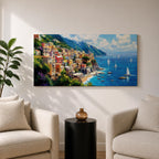 A panoramic painting of a colorful Italian coastal village perched on cliffs above a bright blue sea, with sailboats scattered across the water, rendered in a vibrant impressionistic style with rich textures and sunlit Mediterranean tones.