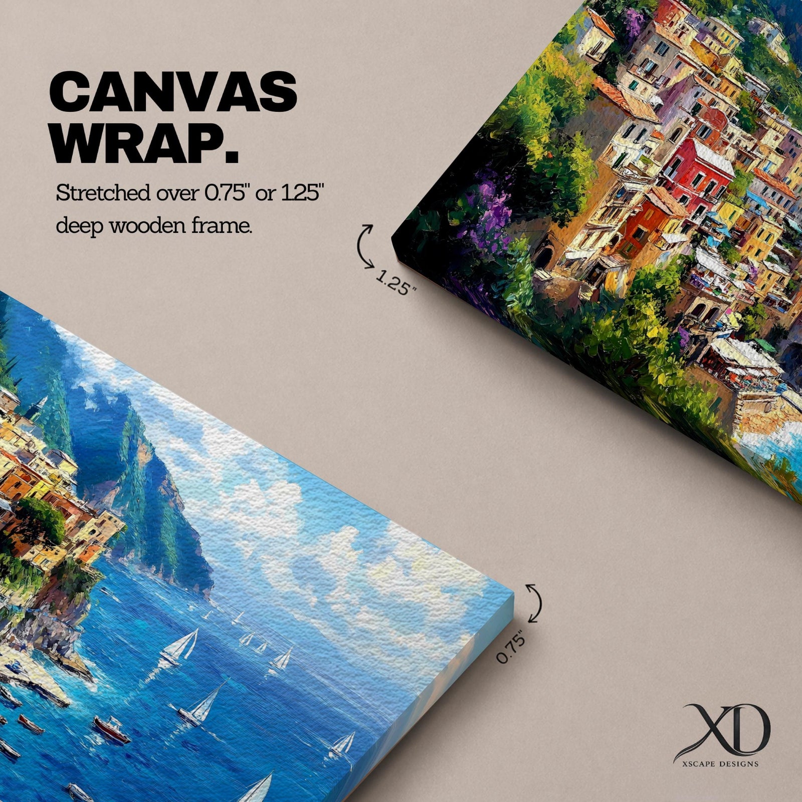 A panoramic painting of a colorful Italian coastal village perched on cliffs above a bright blue sea, with sailboats scattered across the water, rendered in a vibrant impressionistic style with rich textures and sunlit Mediterranean tones.
