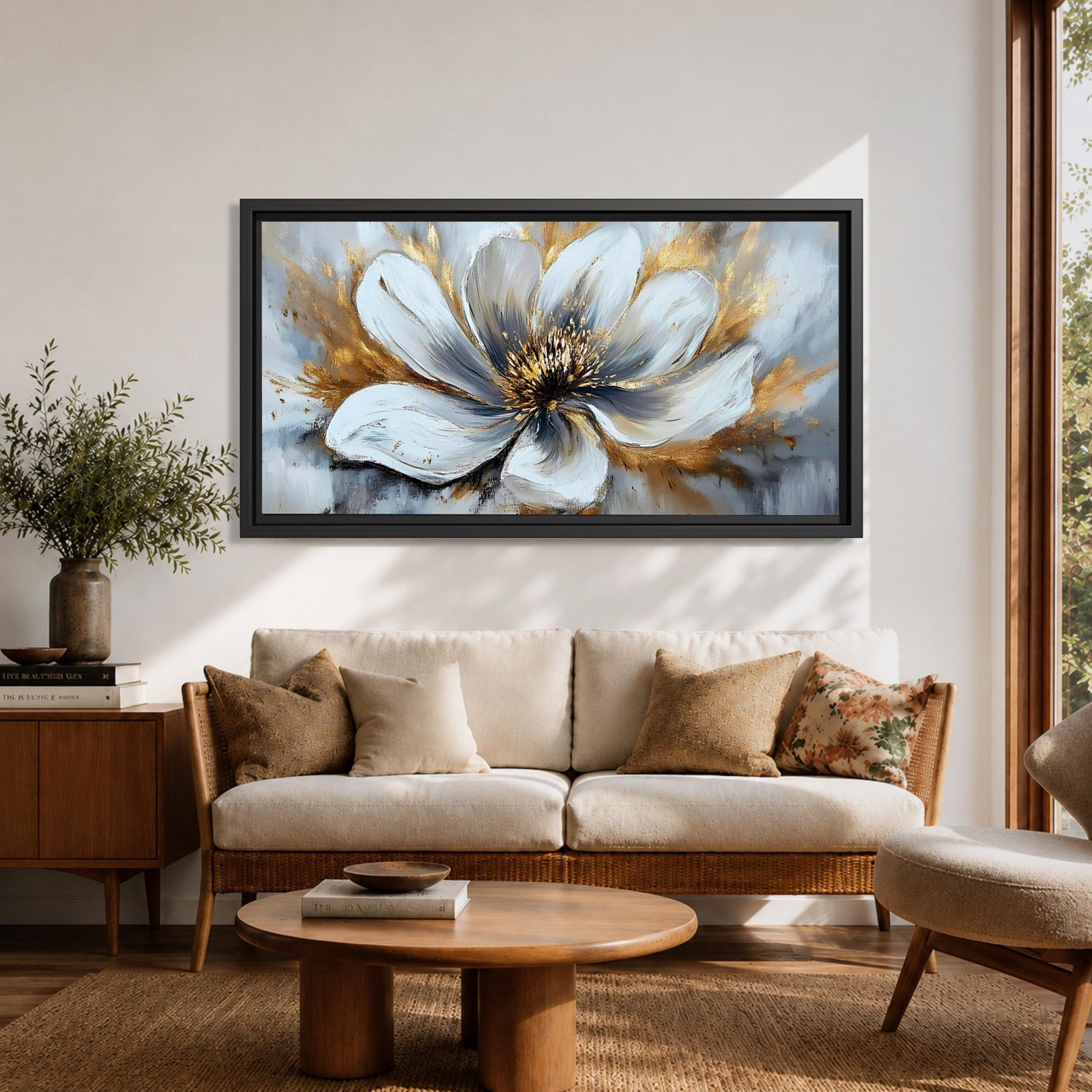 A panoramic abstract painting of a large white flower in full bloom, featuring layered petals with soft gray shading and a detailed textured center, accented by expressive gold brushstrokes that radiate outward, creating depth and contrast across a modern extra wide floral composition.