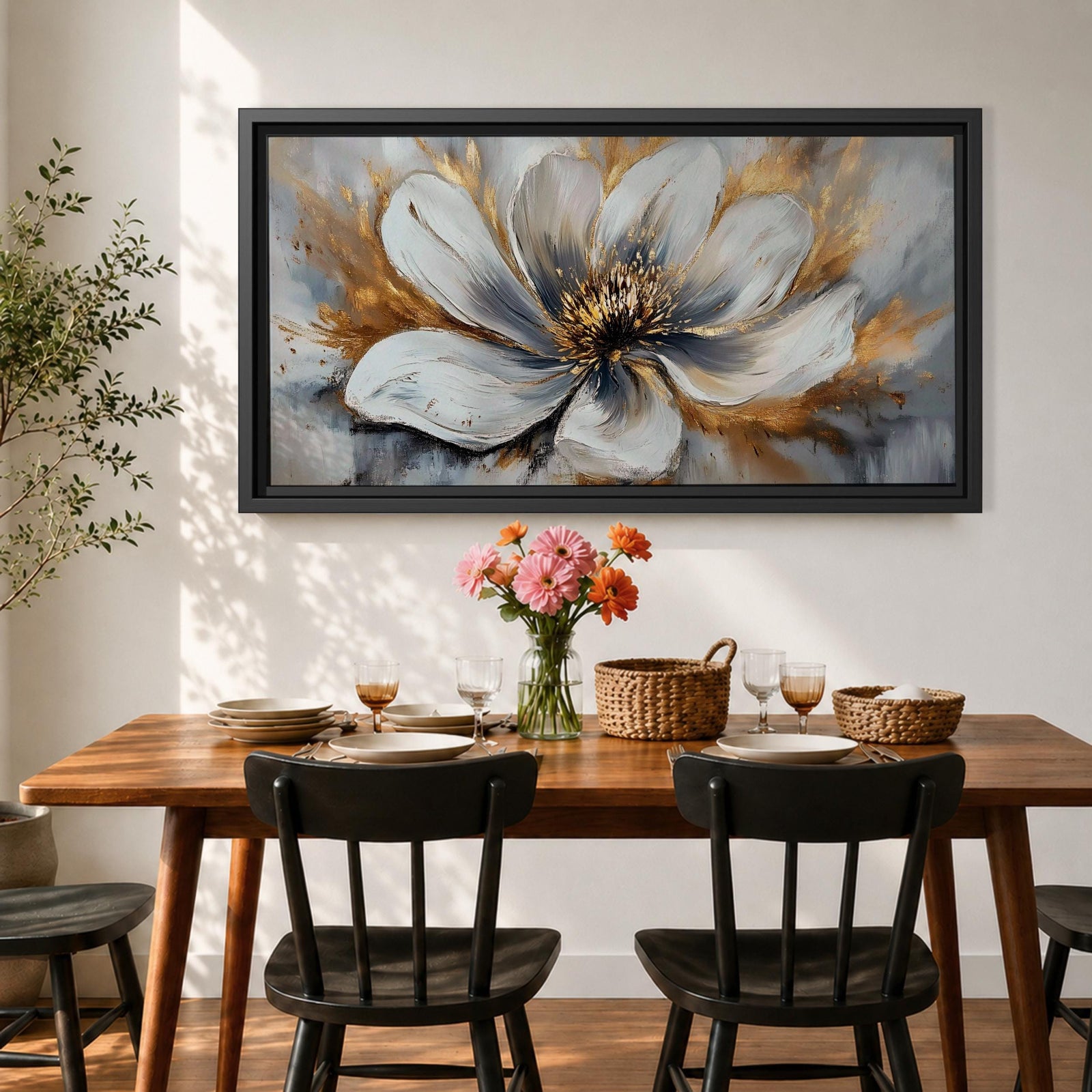 A panoramic abstract painting of a large white flower in full bloom, featuring layered petals with soft gray shading and a detailed textured center, accented by expressive gold brushstrokes that radiate outward, creating depth and contrast across a modern extra wide floral composition.