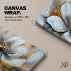 A panoramic abstract painting of a large white flower in full bloom, featuring layered petals with soft gray shading and a detailed textured center, accented by expressive gold brushstrokes that radiate outward, creating depth and contrast across a modern extra wide floral composition.
