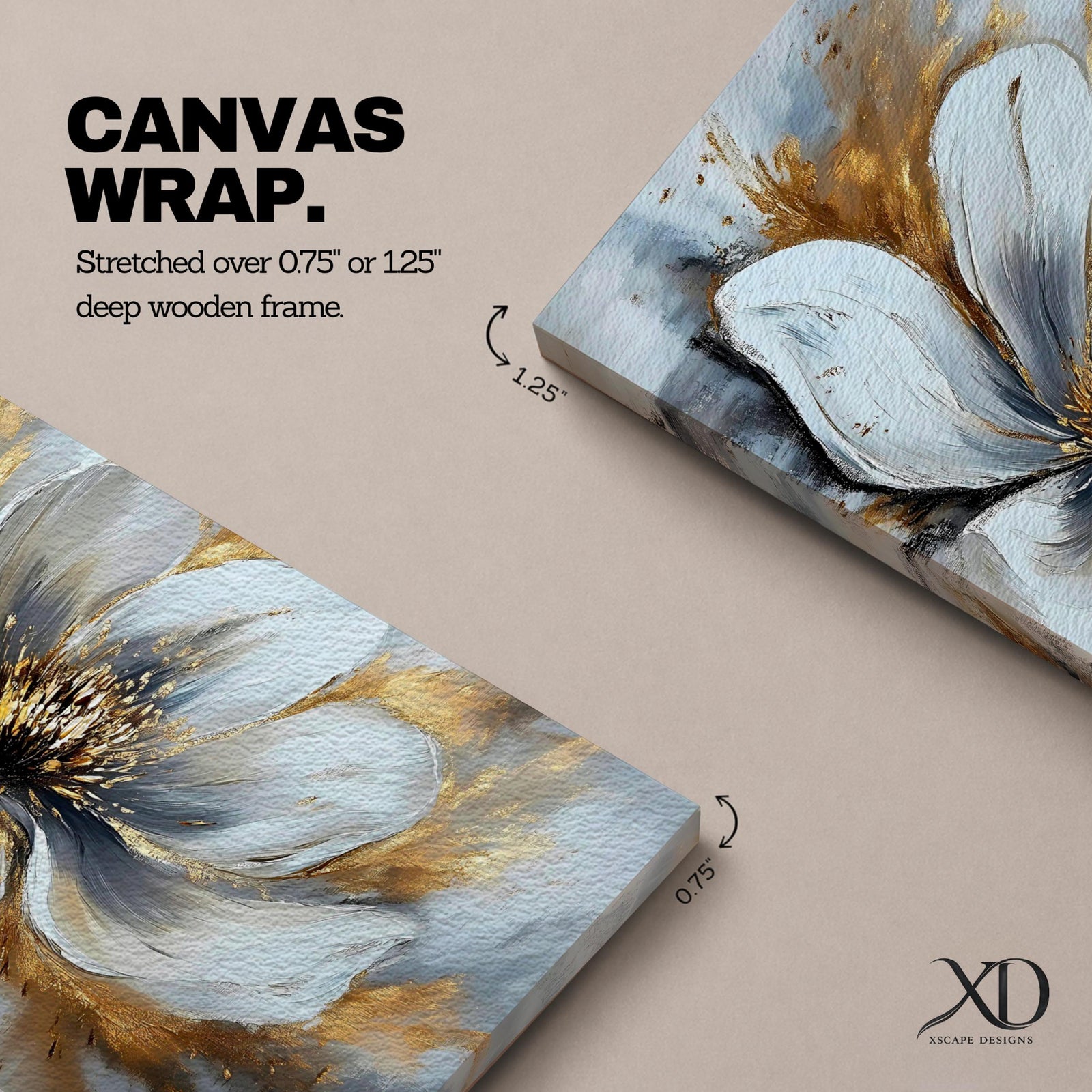 A panoramic abstract painting of a large white flower in full bloom, featuring layered petals with soft gray shading and a detailed textured center, accented by expressive gold brushstrokes that radiate outward, creating depth and contrast across a modern extra wide floral composition.