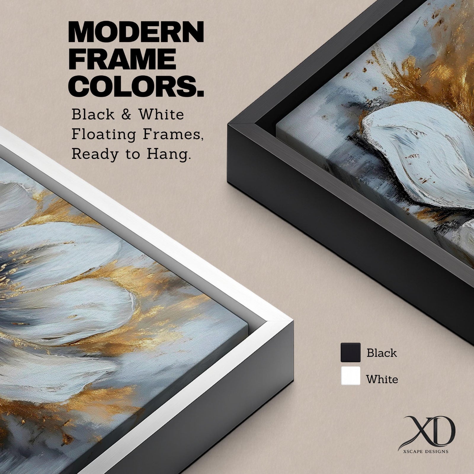 A panoramic abstract painting of a large white flower in full bloom, featuring layered petals with soft gray shading and a detailed textured center, accented by expressive gold brushstrokes that radiate outward, creating depth and contrast across a modern extra wide floral composition.
