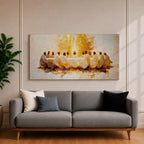 A panoramic painting of the Last Supper depicting Jesus seated at the center with his disciples gathered around a long table, rendered in a warm abstract style with soft golden tones, expressive brushwork, and a glowing central light that creates depth and focus across the wide composition.