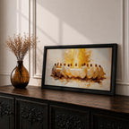 A panoramic painting of the Last Supper depicting Jesus seated at the center with his disciples gathered around a long table, rendered in a warm abstract style with soft golden tones, expressive brushwork, and a glowing central light that creates depth and focus across the wide composition.