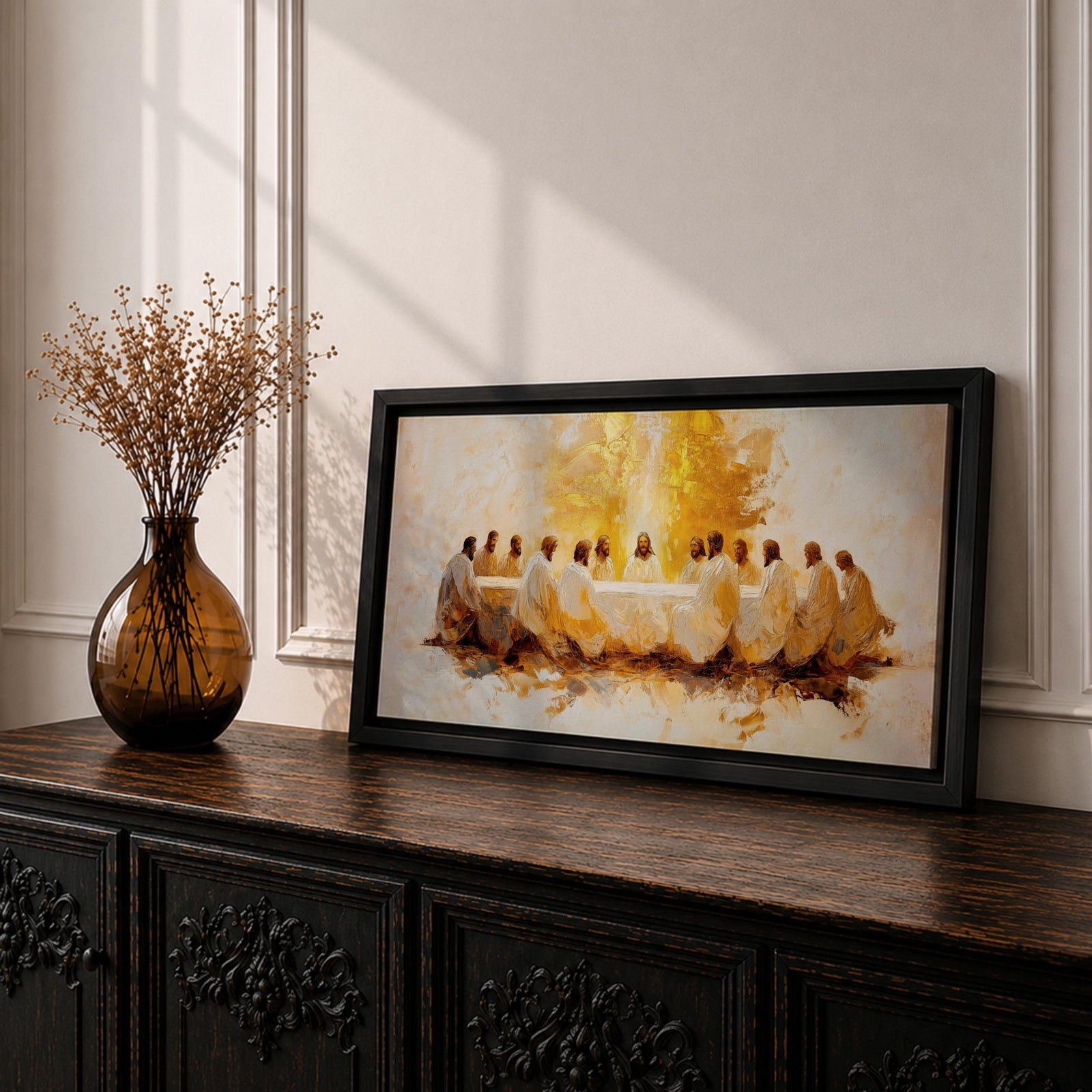 A panoramic painting of the Last Supper depicting Jesus seated at the center with his disciples gathered around a long table, rendered in a warm abstract style with soft golden tones, expressive brushwork, and a glowing central light that creates depth and focus across the wide composition.