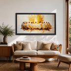 A panoramic painting of the Last Supper depicting Jesus seated at the center with his disciples gathered around a long table, rendered in a warm abstract style with soft golden tones, expressive brushwork, and a glowing central light that creates depth and focus across the wide composition.