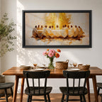 A panoramic painting of the Last Supper depicting Jesus seated at the center with his disciples gathered around a long table, rendered in a warm abstract style with soft golden tones, expressive brushwork, and a glowing central light that creates depth and focus across the wide composition.