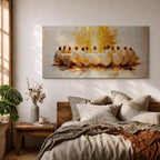 A panoramic painting of the Last Supper depicting Jesus seated at the center with his disciples gathered around a long table, rendered in a warm abstract style with soft golden tones, expressive brushwork, and a glowing central light that creates depth and focus across the wide composition.