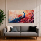 A panoramic painting of a majestic peacock standing gracefully amid a cascade of pink blossoms, its long iridescent tail feathers flowing across the composition with intricate eye patterns, rendered in a soft impressionistic style that blends vivid detail with dreamy, layered brushwork and a gentle atmospheric background.