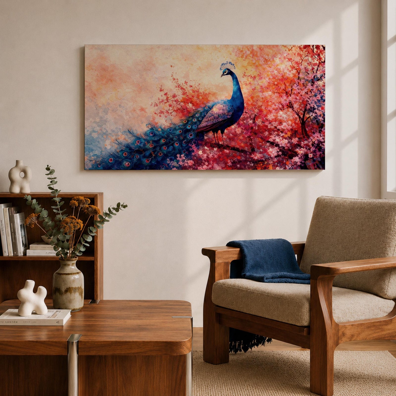 A panoramic painting of a majestic peacock standing gracefully amid a cascade of pink blossoms, its long iridescent tail feathers flowing across the composition with intricate eye patterns, rendered in a soft impressionistic style that blends vivid detail with dreamy, layered brushwork and a gentle atmospheric background.