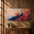 A panoramic painting of a majestic peacock standing gracefully amid a cascade of pink blossoms, its long iridescent tail feathers flowing across the composition with intricate eye patterns, rendered in a soft impressionistic style that blends vivid detail with dreamy, layered brushwork and a gentle atmospheric background.