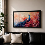 A panoramic painting of a majestic peacock standing gracefully amid a cascade of pink blossoms, its long iridescent tail feathers flowing across the composition with intricate eye patterns, rendered in a soft impressionistic style that blends vivid detail with dreamy, layered brushwork and a gentle atmospheric background.